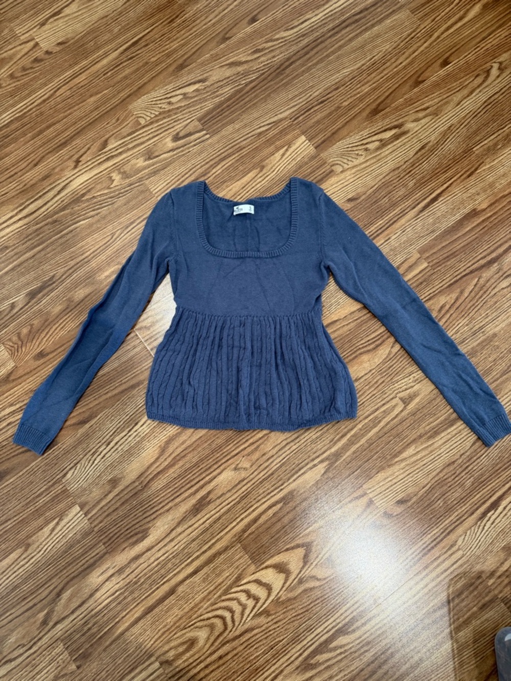 Hollister Navy Scoop-Neck Babydoll Cable Knit Long-Sleeve Sweater Y2K Style